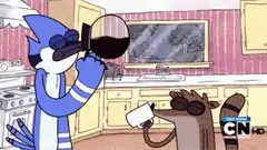 Mordecai and Rigby drinking wine