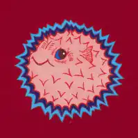 Pink pufferfish with blue spikes on red background