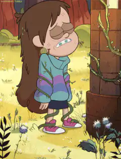 Mabel Pines tied to a tree