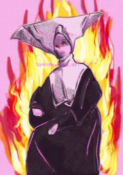 Woman in bonnet surrounded by flames