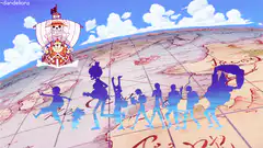 One Piece crew silhouettes on a map