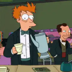 Fry pours coffee and drinks it