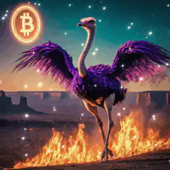 purple ostrich walking through fire with bitcoin