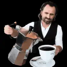 man pouring coffee from moka pot