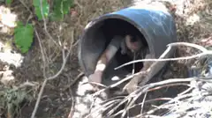 man crawling out of a pipe