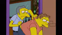 Moe shoves Barney out the door
