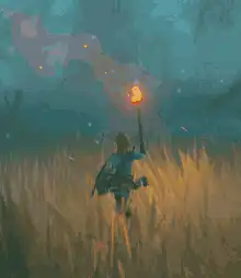 Link holding a torch in a field