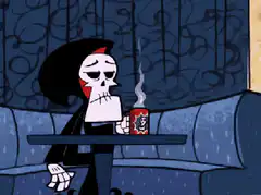 Skull character drinking coffee in a booth