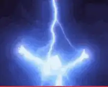 Blue lightning bolt striking a figure