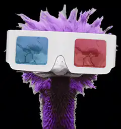 purple ostrich wearing 3d glasses
