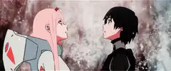 Zero Two and Hiro leaning in