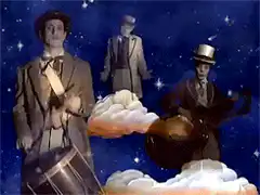 Three men playing instruments on clouds in space