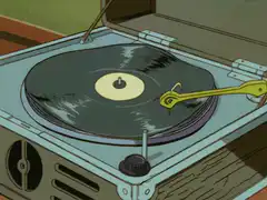 Spinning vinyl record on turntable