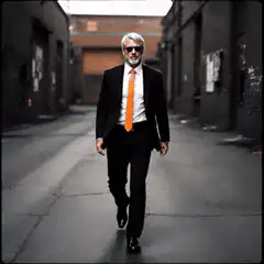 Man swaps orange tie for blue tie in alley
