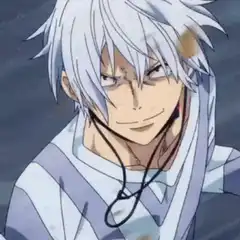 White-haired anime character smirking