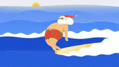 Santa surfing on a wave