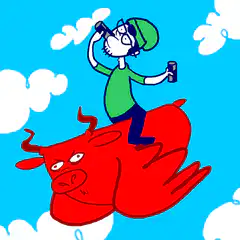 man riding red bull flying