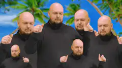 Bald man dancing with palm trees