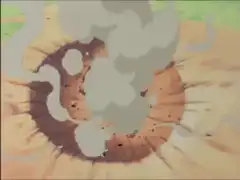 Goku defeated in a crater