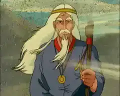 Old man with staff in wind