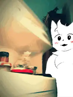 White cat character reacts and walks away