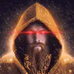 Hooded figure with laser eyes