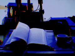 open book and coffee cup glitch art