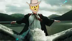 Lego cowboy riding a wave