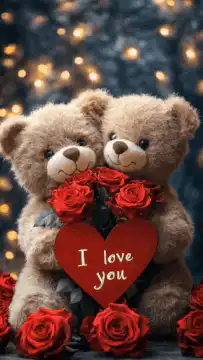 Two teddy bears kissing with roses