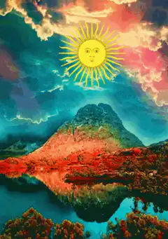 Psychedelic sun over mountain lake