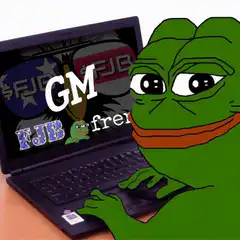 Pepe typing GM on laptop