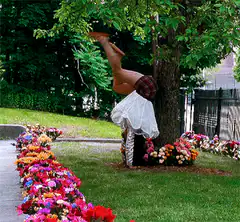 person doing handstand in garden