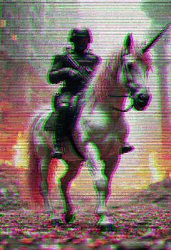 Soldier riding a unicorn in a glitchy forest