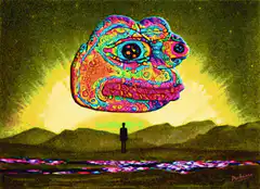 Psychedelic Pepe UFO over landscape