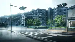 Rainy street corner with traffic lights