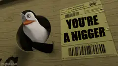 Surprised penguin next to shipping label