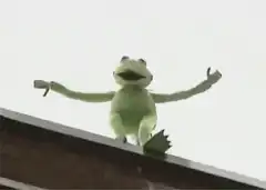 green frog puppet falls off ledge