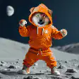 Shiba Inu in orange hoodie on moon
