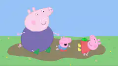 Daddy Pig falls over in mud