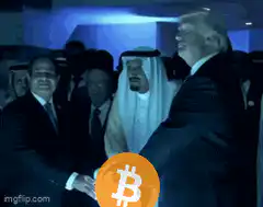 Donald Trump shaking hands with Bitcoin
