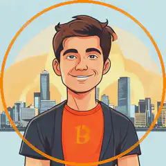 Smiling man with Bitcoin shirt