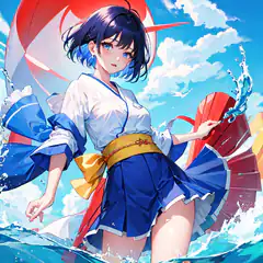 anime girl with fan in water