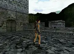 Lara Croft running from exploding rocks