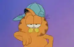 Garfield wearing a cap and pointing