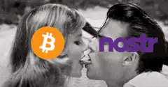 Bitcoin and Nostr logos kissing
