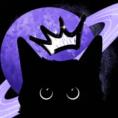 Black cat with crown and purple planet