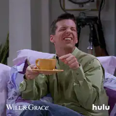 Jack McFarland laughing with tea
