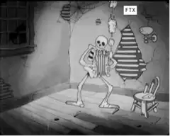 Skeleton plays accordion in haunted room