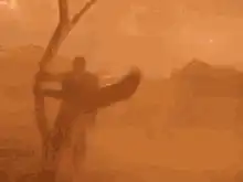 Man holding a surfboard in a sandstorm