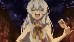 anime girl laughing then drinking wine